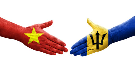 Handshake between Barbados and Vietnam flags painted on hands, isolated transparent image.