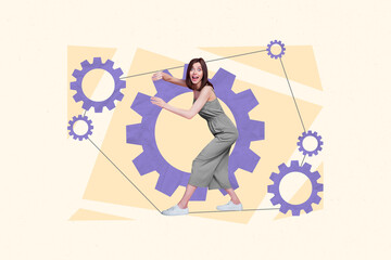 Composite collage picture of astonished positive girl hands support configuration mechanism gear isolated on drawing background