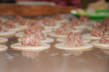 The process of molding dumplings, ravioli, pelmeni. Homemade food. Close-up.