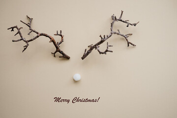 Abstrakt von zwei Zweigen und einer weißen Nase und der Text Merry Christmas. Draufsicht, Weihnachten.