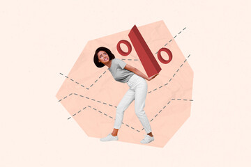 Creative collage image of unsatisfied hardworking girl hands hold carry huge percent symbol isolated on drawing background