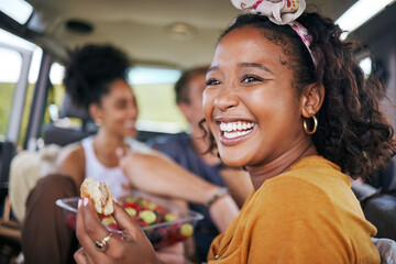 Happy black woman, smile and eating on road trip adventure with friends in travel for summer...