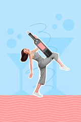 Vertical collage portrait of excited carefree girl hold dance big wine bottle isolated on drawing...