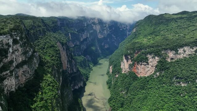Aerial view overlooking the Sumidero Canyon and the Grijalva river in sunny Chiapas, Mexico