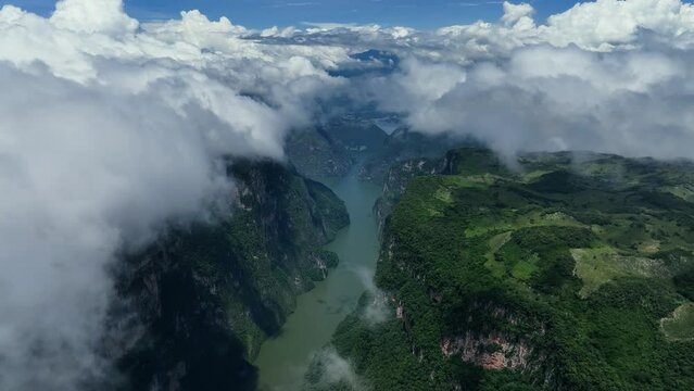 Cloud level overlook of the Cañón del Sumidero a deep natural canyon in Chiapas, Mexico - Aerial view