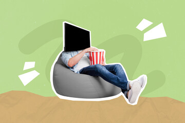 Collage 3d image of pinup pop retro sketch of funny guy tv set instead of head eating pop-corn isolated painting background