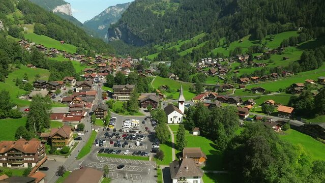 Aerial approach of the Lauterbrunnen valley, Switzerland. two of two