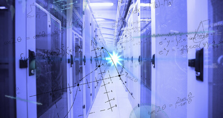 Image of mathematical equations and data processing over rainbow lens flare against server room