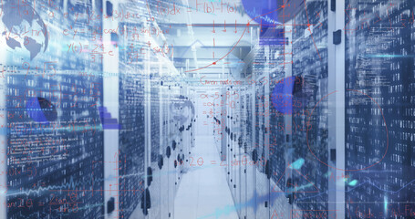Image of mathematical equations and data processing against computer server room