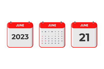 June 2023 calendar design. 21st June 2023 calendar icon for schedule, appointment, important date concept