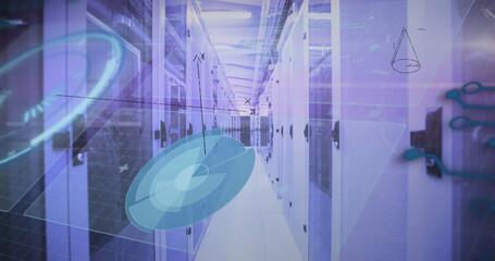Image of mathematical equations and data processing against computer server room
