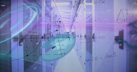 Image of mathematical equations and data processing against computer server room
