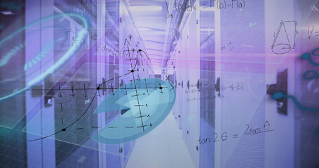 Image of mathematical equations and data processing against computer server room