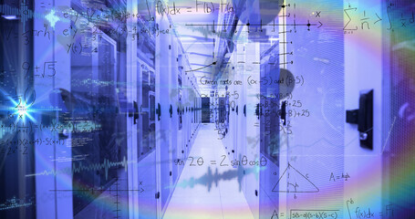 Image of mathematical equations and data processing over rainbow lens flare against server room