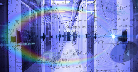 Image of mathematical equations and data processing over rainbow lens flare against server room