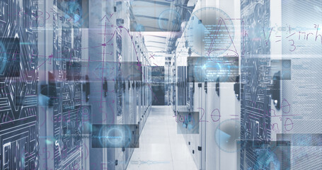 Image of mathematical equations and data processing against computer server room