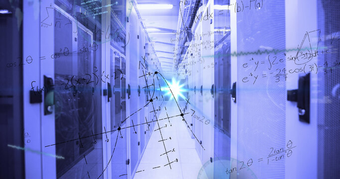 Image of mathematical equations and data processing over rainbow lens flare against server room - Powered by Adobe