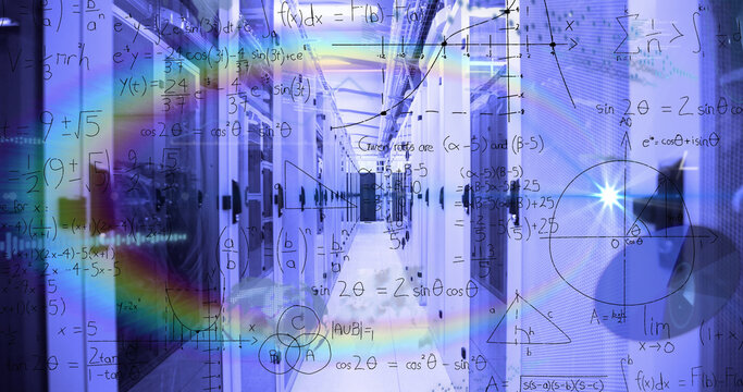 Image of mathematical equations and data processing over rainbow lens flare against server room