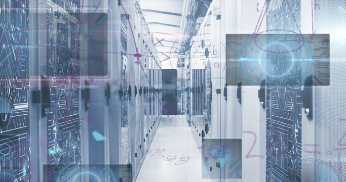 Image of mathematical equations and data processing against computer server room