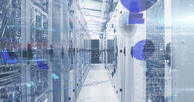 Image of mathematical equations and data processing against computer server room