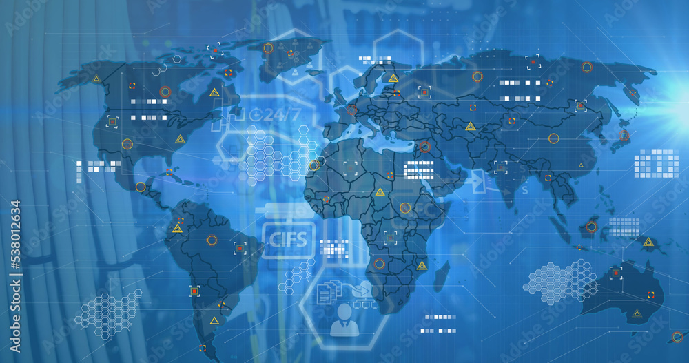Poster image of digital interface and data processing over world map on blue background