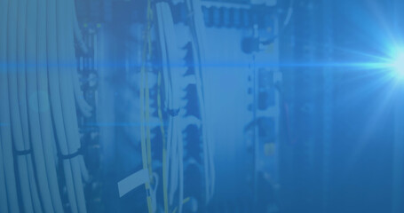 Image of digital interface and data processing over world map on blue background