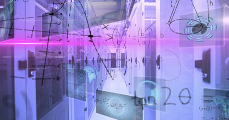 Image of mathematical equations and data processing against computer server room