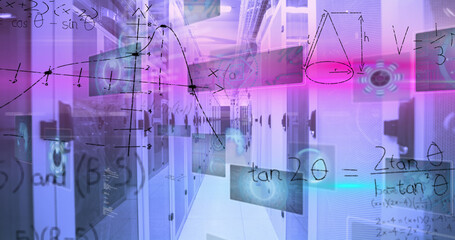 Image of mathematical equations and data processing against computer server room