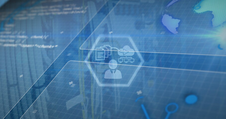 Image of digital interface and data processing over blue background