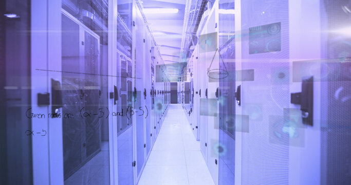 Image of mathematical equations and data processing against computer server room
