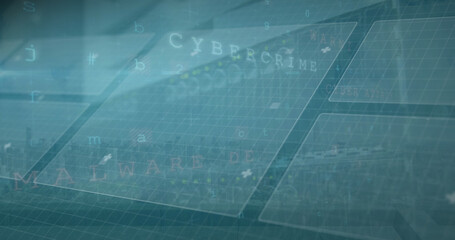 Image of digital interface and data processing on screens over blue background