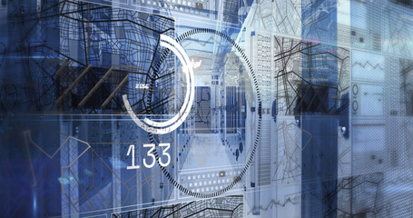 Image of mathematical equations and data processing over spinning globe against server room