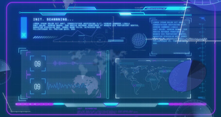 Image of digital interface and data processing over blue background