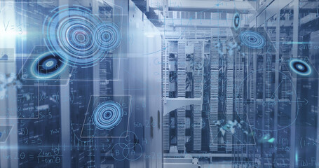 Image of mathematical equations and data processing against computer server room
