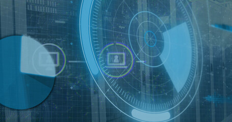 Image of scope scanning with icons and data processing over server room