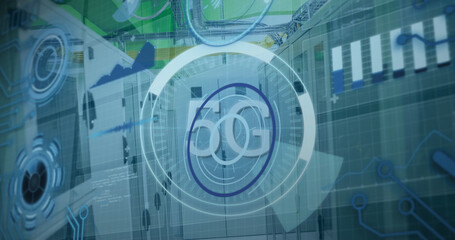 Obraz premium Image of 5g text over round scanner and data processing against computer server room