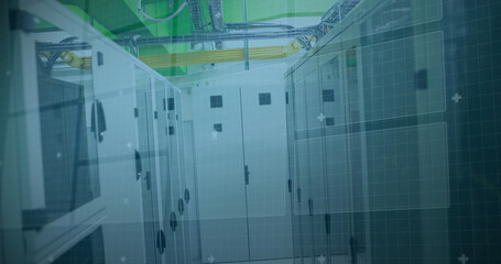 Image of 5g text over round scanner and data processing against computer server room