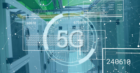 Image of scope scanning with 5g text and data processing over server room