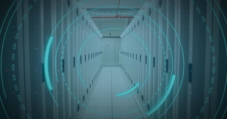 Image of scope scanning with 5g text and data processing over server room