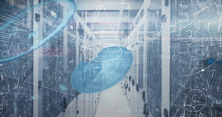 Image of mathematical equations and data processing against computer server room