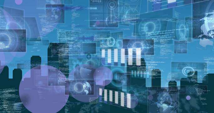 Image of light trails and people photographs over globe