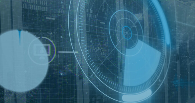Image of scope scanning with icons and data processing over server room