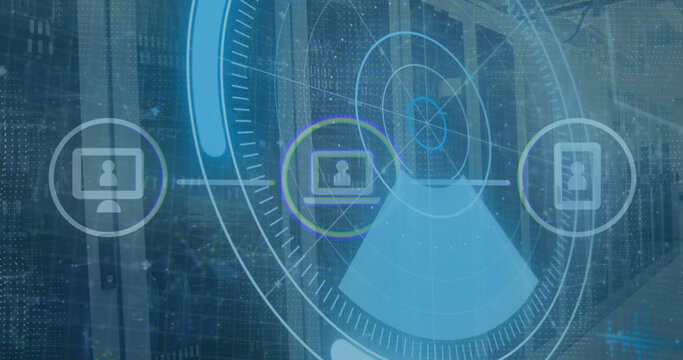 Image of scope scanning with icons and data processing over server room