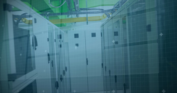 Image of 5g text over round scanner and data processing against computer server room