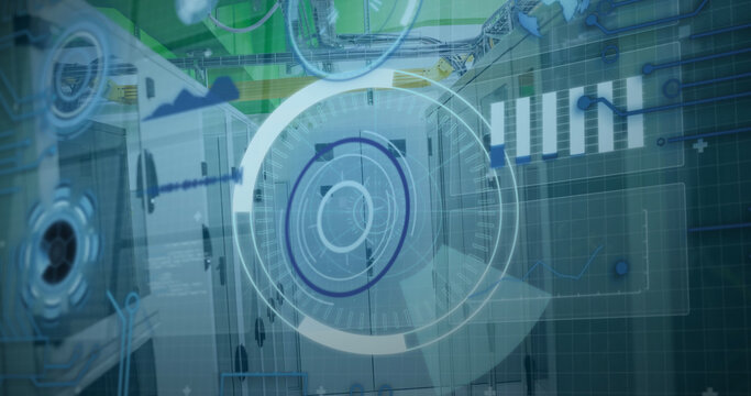 Image of 5g text over round scanner and data processing against computer server room