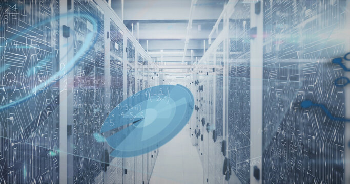 Image of mathematical equations and data processing against computer server room
