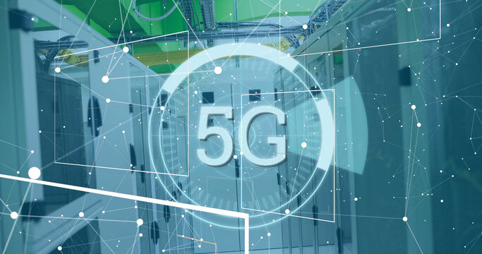 Image of scope scanning with 5g text and data processing over server room