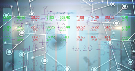 Image of network of connections with mathematical equations and data processing