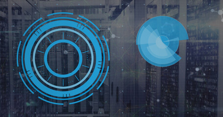 Image of mathematical equations and data processing over server room