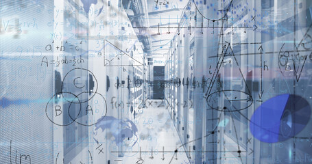 Image of mathematical equations and data processing over server room